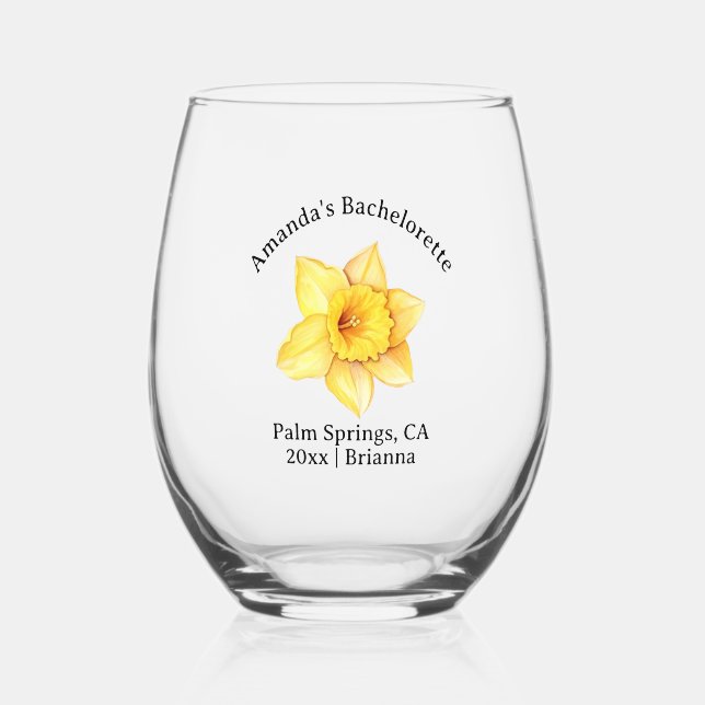 Bachelorette Birth Month Flower March Daffodil Stemless Wine Glass (Back)