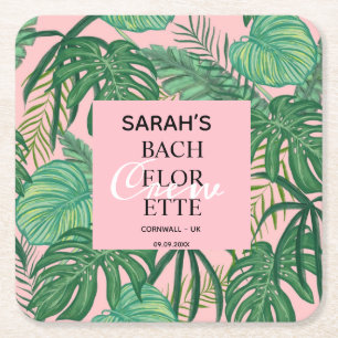 Bachelorette Bridal Party Tropical Palm Pink Square Paper Coaster
