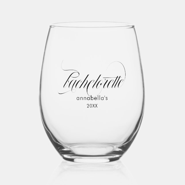 Bachelorette Elegant Script Typography Stemless Wine Glass (Front)