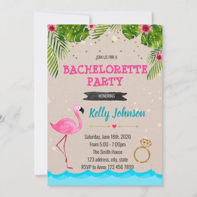 Bachelorette flamingo pool party invitation (Front)