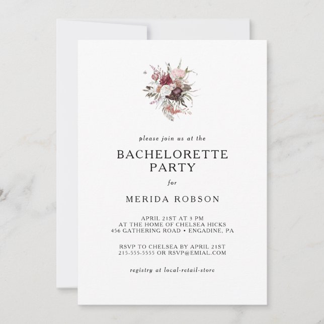 Bachelorette Floral Boho de Bourgogne Invitation (Devant)