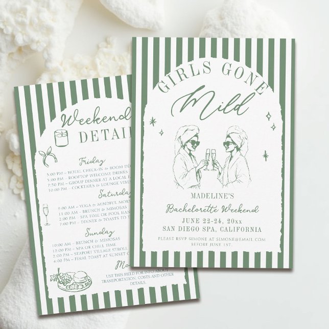 Bachelorette Girls Gone Mild Arch Stripes Sage Invitation (girls gone mild invitation bachelorette weekend itinerary sage green spa arch stripes boho)