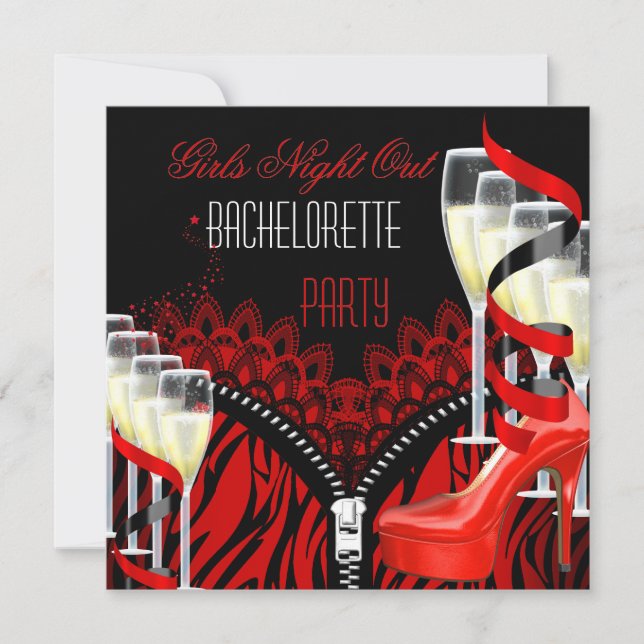 Bachelorette Girls Night Out Red Zebra Champagne Invitation (Front)