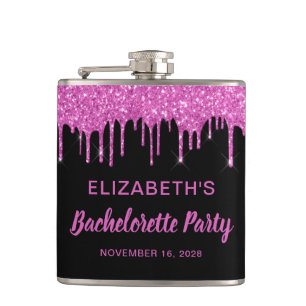 Bachelorette Hot Pink Glitter Personalized Black Hip Flask