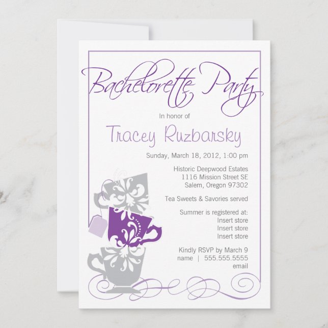 Bachelorette Invitation - Tea  |  Purple and Grey (Front)