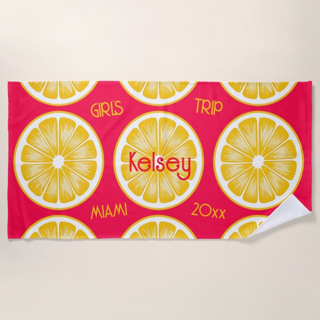 Bachelorette Lemon Slice Pink Yellow Beach Towel (Front)