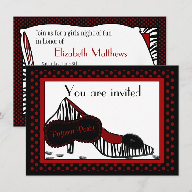 Bachelorette Pajama Party in Reds Invitation (Front/Back)