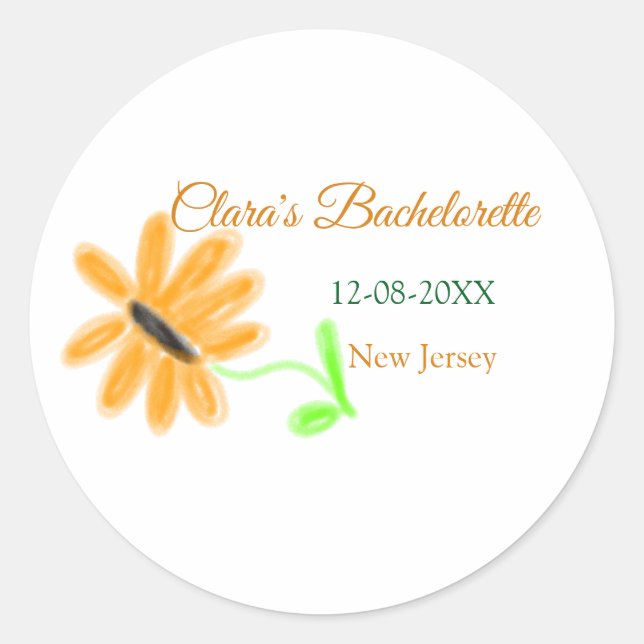 Bachelorette party add name date place sunflower  classic round sticker (Front)