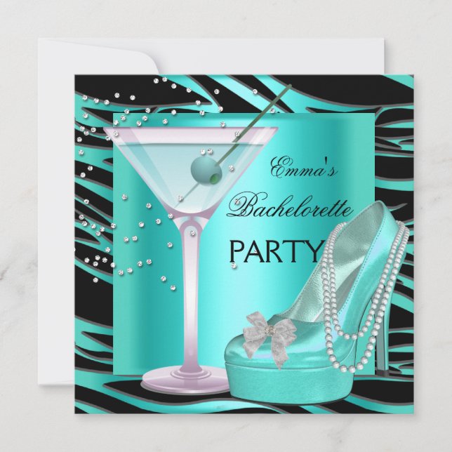 Bachelorette Party Aqua Teal Blue Turquoise Zebra Invitation (Front)