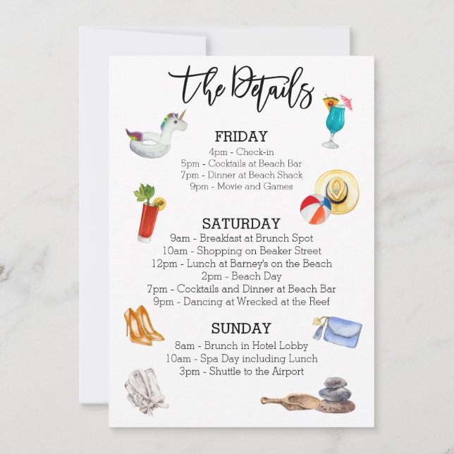 Bachelorette Party Beach Weekend Details  Invitation (Back)