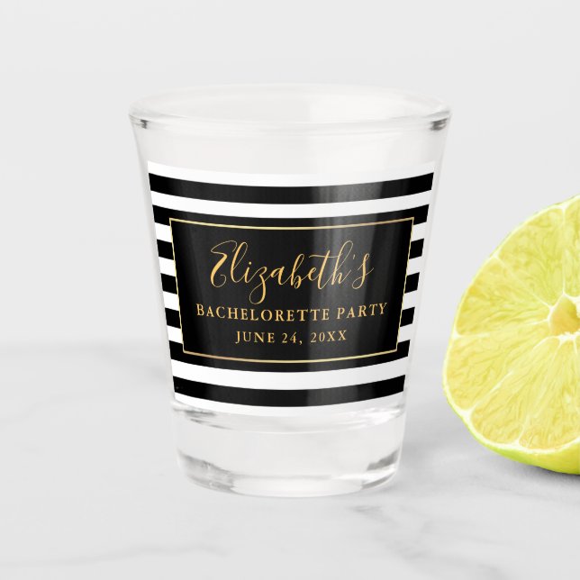 Bachelorette Party Black and White Stripes Gold Shot Glass (Front)