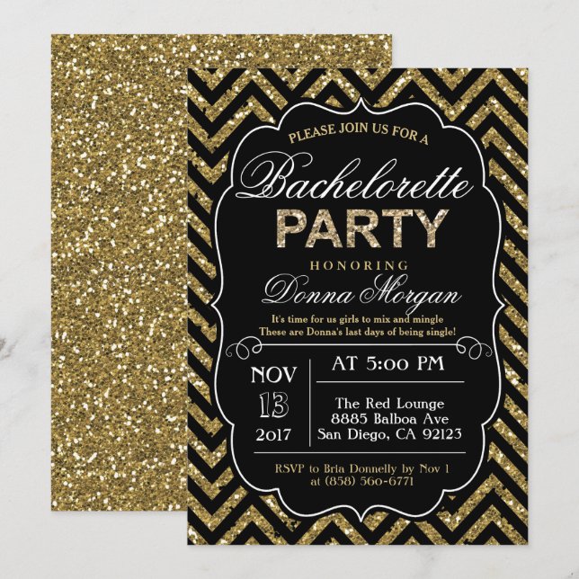 Bachelorette Party Black & Gold Glitter Invitation (Front/Back)
