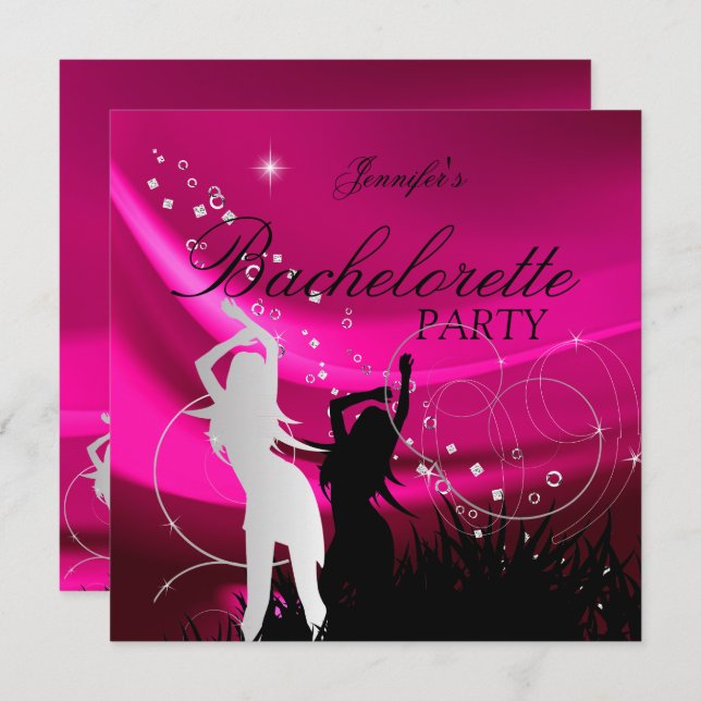 Bachelorette Party Black Pink White Silver Invitation (Front/Back)