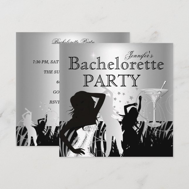 Bachelorette Party Black Silver Zebra Dance Invitation (Front/Back)