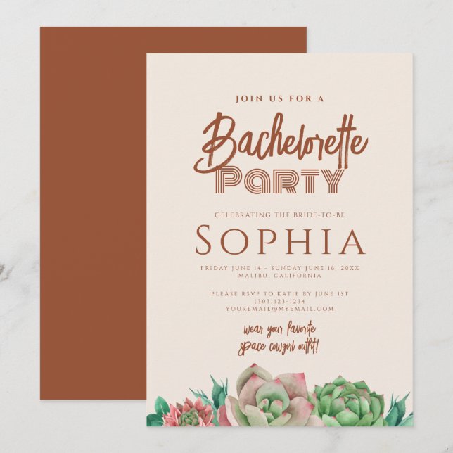 Bachelorette Party BOHO Cactus Terracotta Fall Invitation (Front/Back)