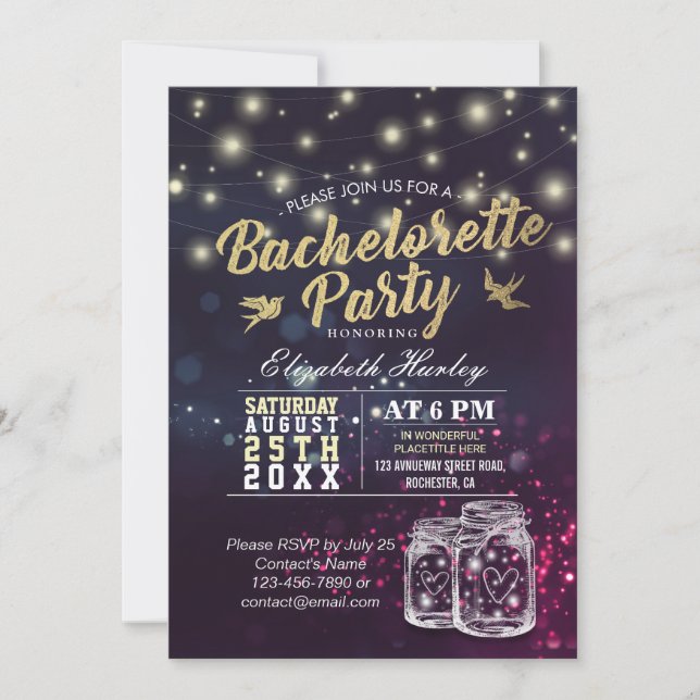 Bachelorette Party Bridal Shower Mason Jar Lights Invitation (Front)