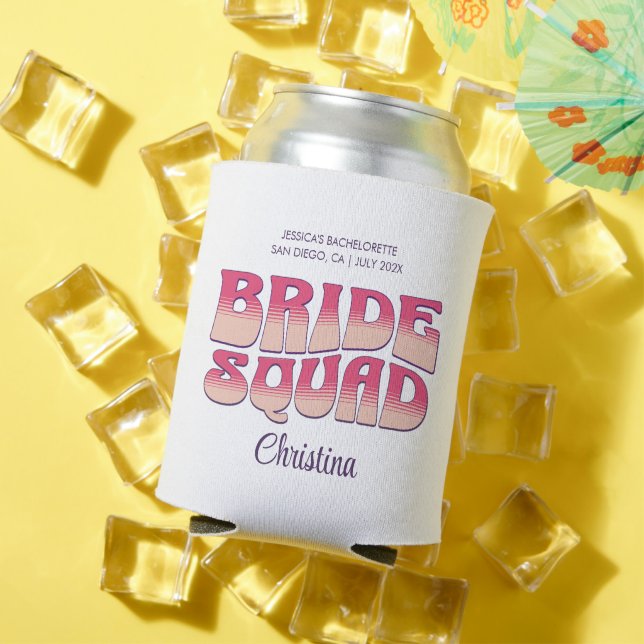 Bachelorette Party Bride Squad Bridesmaid Hot Pink Can Cooler (In Situ Summer)