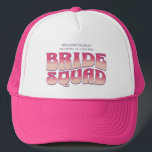 Bachelorette Party Bride Squad Bridesmaid Hot Pink Trucker Hat<br><div class="desc">Make a splash at your upcoming bachelorette party with this stunning retro bachelorette party personalized merchandise. Whether you're celebrating a bach trip, a girls' vacation, or a best friends' holiday, this custom groovy bachelorette party merchandise is the perfect addition to your unforgettable getaway. Add a personal touch to your bachelorette...</div>