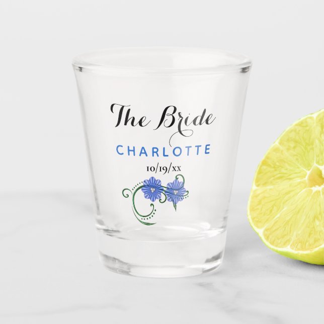 Bachelorette Party Bride Wedding Blue Flowers Shot Glass (Front)