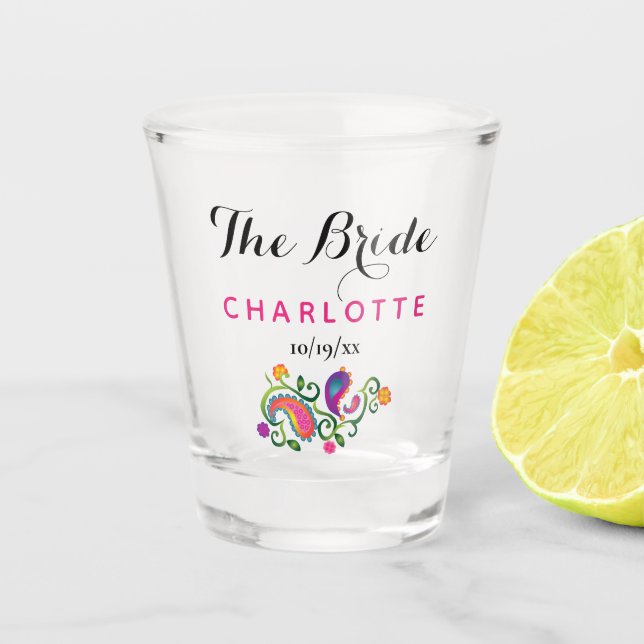 Bachelorette Party Bride Wedding Pink Paisley Shot Glass (Front)