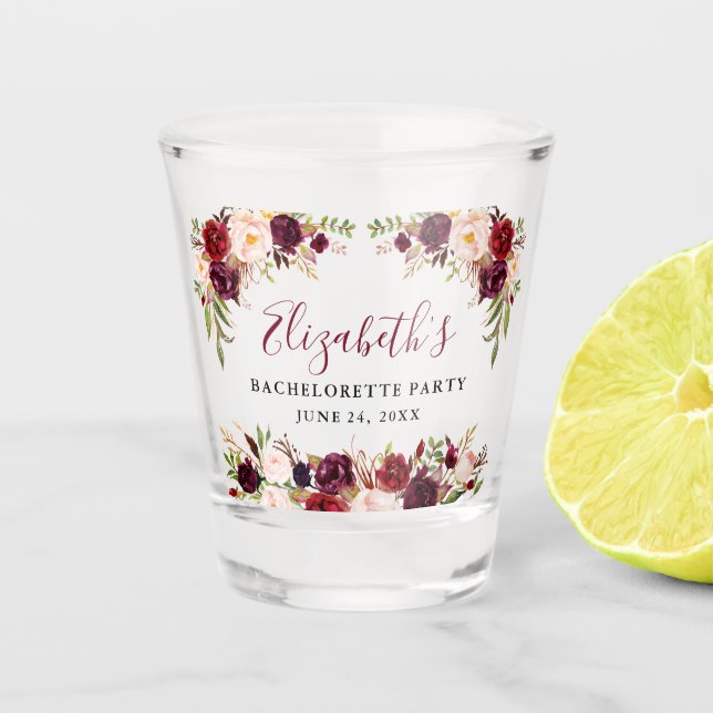 Bachelorette Party Burgundy Watercolor Floral Shot Glass (Front)