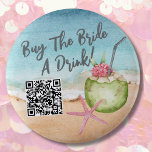 Bachelorette Party Buy Bride A Drink 2 Inch Round Button<br><div class="desc">Cute Beach Cocktail Bachelorette Party Weekend button with a buy the bride a drink customizable QR code. A cool watercolor beach theme with shades of pink and teal, setting the vibe for a beach escape with the bride and her besties. From trips to Florida, California, or even something more international...</div>