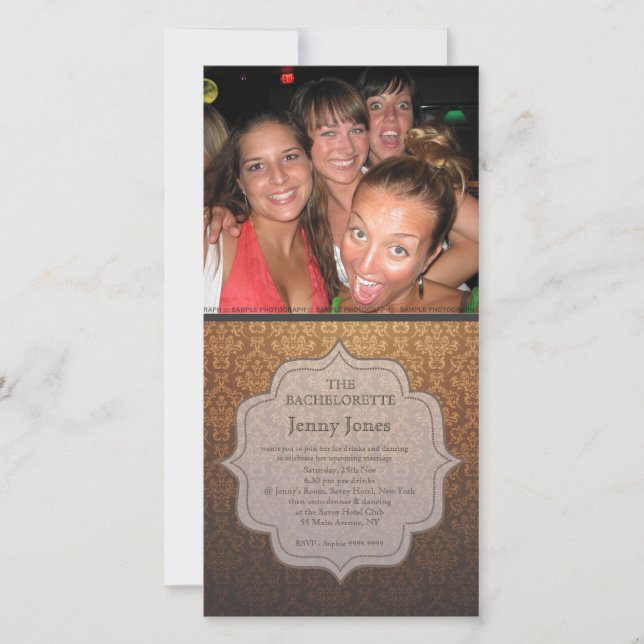 Bachelorette Party Caramel Damask Photo Invite (Front)
