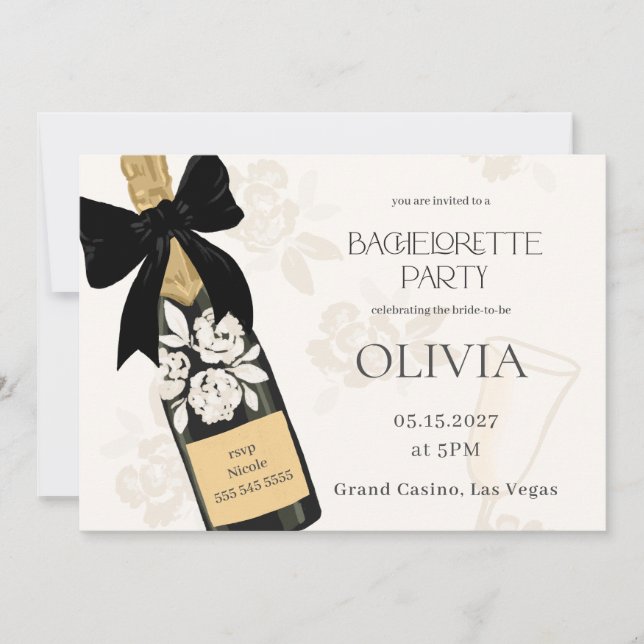 Bachelorette party Champagne Bottle Black Bow Invitation (Front)