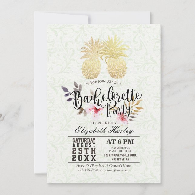 Bachelorette Party Chic Gold Foil Pineapple Couple Invitation (Front)