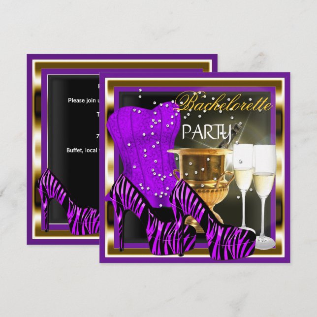 Bachelorette Party Corset Purple Zebra Gold Invitation (Front/Back)