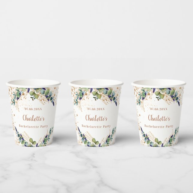 Bachelorette party eucalyptus glitter name paper cups (Multi)