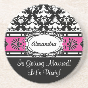 Bachelorette Party Favours Pink and Black Damask Coaster