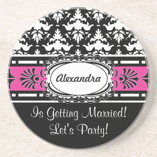 Bachelorette Party Favours Pink and Black Damask Coaster (Front)