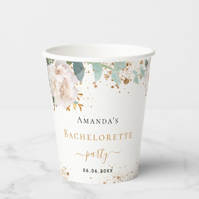 Bachelorette party floral eucalyptus glitter paper cups (Front)
