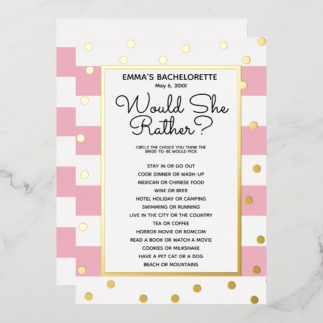 Bachelorette Party Game - Would She Rather? Bride  (Front/Back)