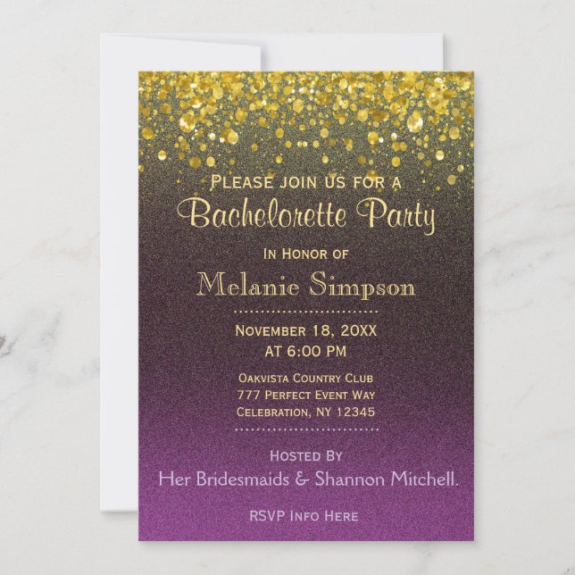 Bachelorette Party | Gold and Purple Invitation (Front)