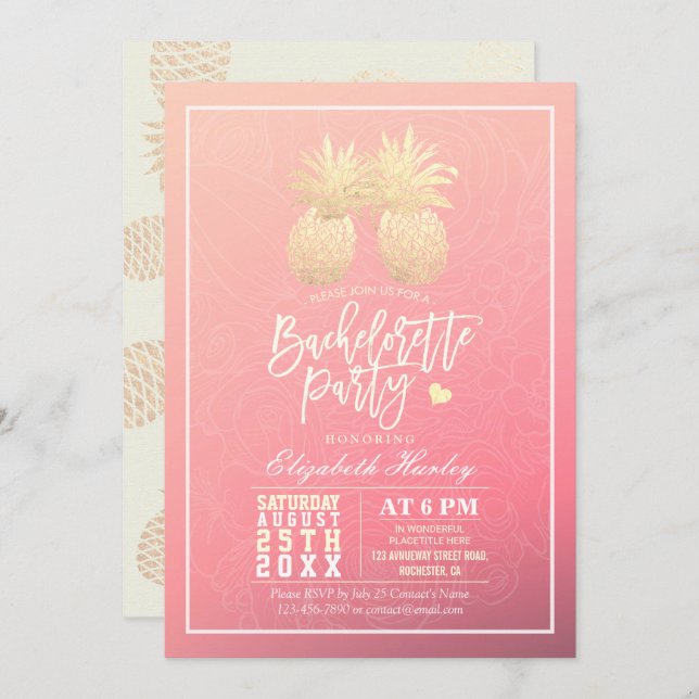 Bachelorette Party Gold Pineapple Couple Pink Rose Invitation (Front/Back)