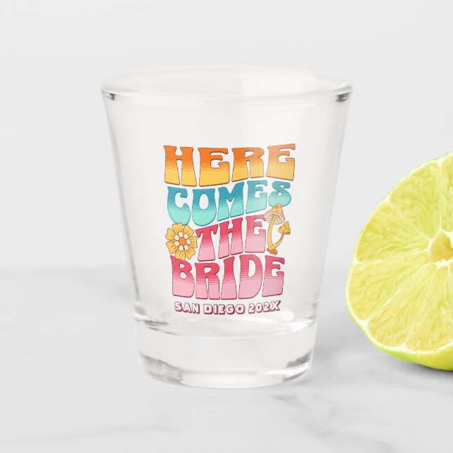 Bachelorette Party Groovy Retro Wavy Text Bride Shot Glass (Front)