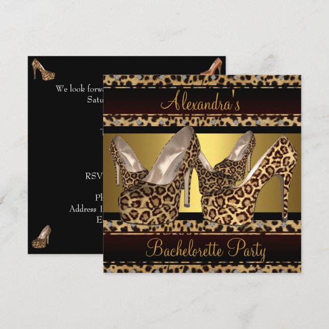Bachelorette Party Hi Heel Shoes Leopard Gold Invitation (Front/Back)
