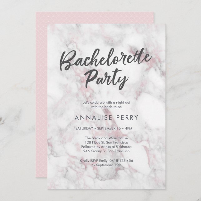 Bachelorette Party Invitation en marbre rose (Devant / Derrière)