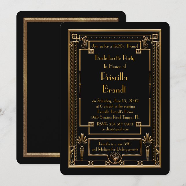 Bachelorette party invitation, great Gatsby, black Invitation (Front/Back)