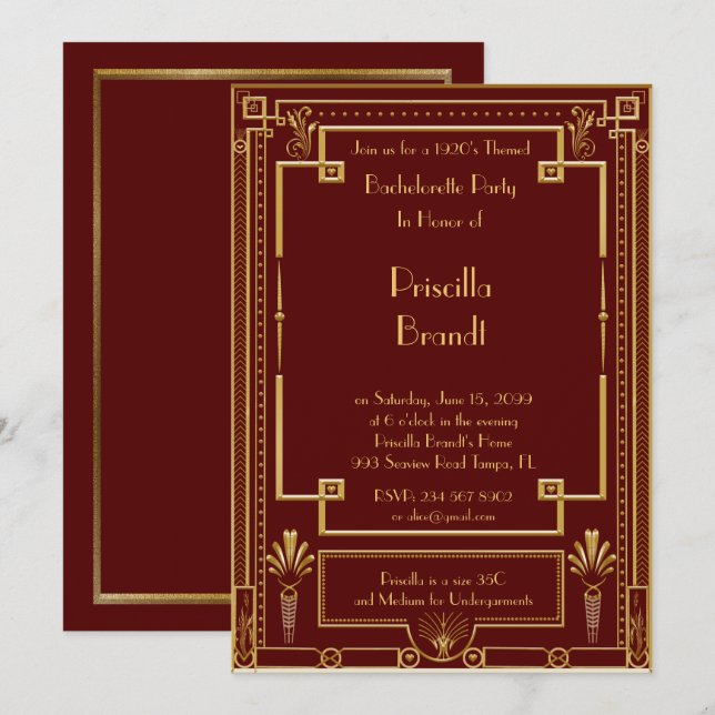 Bachelorette party invitation, great Gatsby, red Invitation (Front/Back)