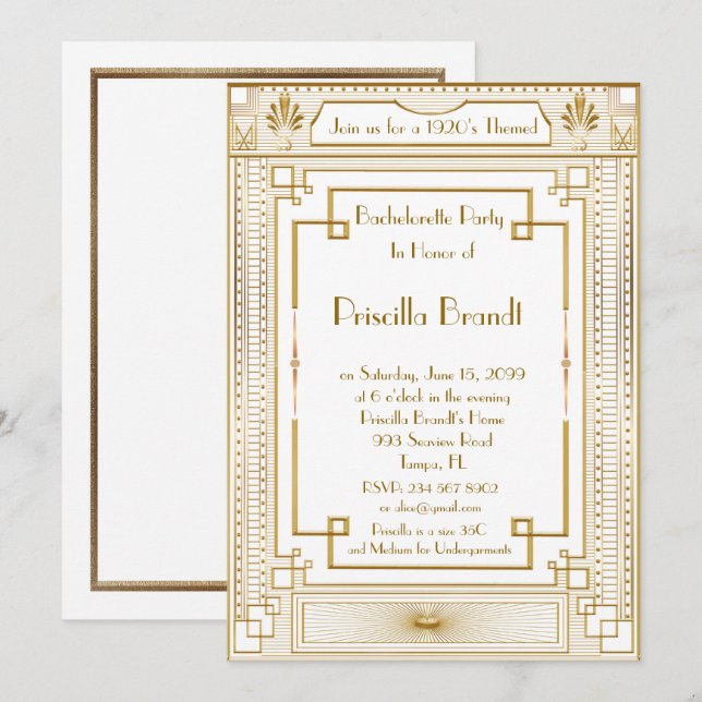 Bachelorette party invitation, great Gatsby, white Invitation (Front/Back)