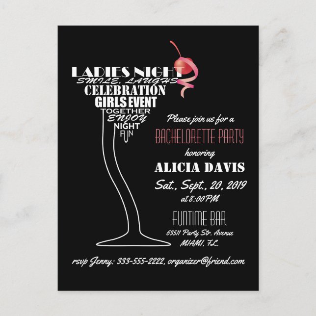 Bachelorette party invitation postcard (Front)