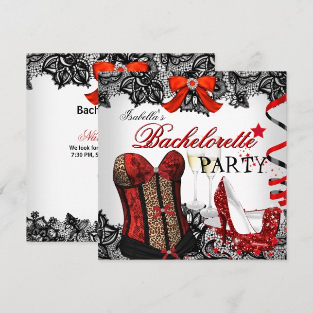 Bachelorette Party Lace Red Corset Champagne Invitation (Front/Back)