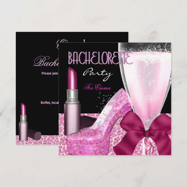 Bachelorette Party Lipstick Pink Champagne Invitation (Front/Back)