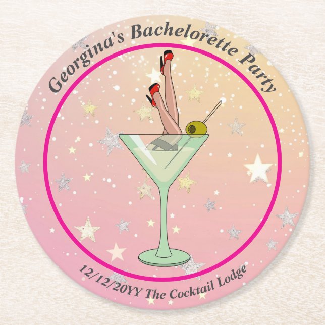 Bachelorette Party Martini Glass Legs Stilettos Round Paper Coaster (Front)