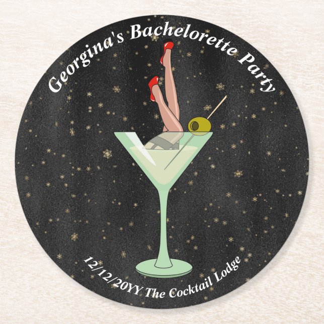 Bachelorette Party Martini Glass Legs Stilettos Round Paper Coaster (Front)