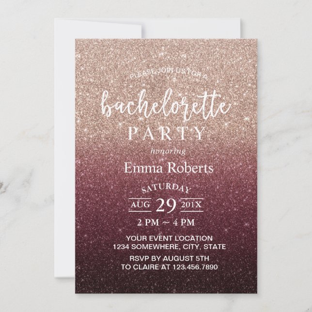 Bachelorette Party Modern Burgundy Rose Gold Ombre Invitation (Front)