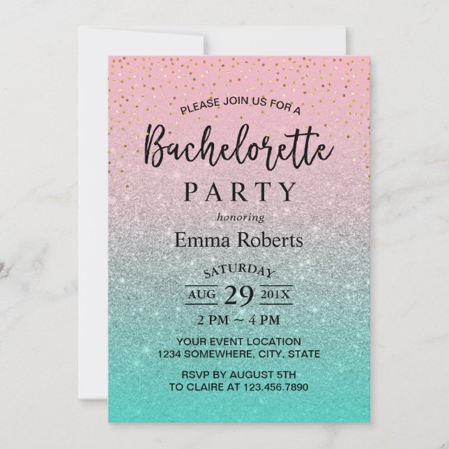 Bachelorette Party Modern Pink Silver Teal Glitter Invitation (Front)